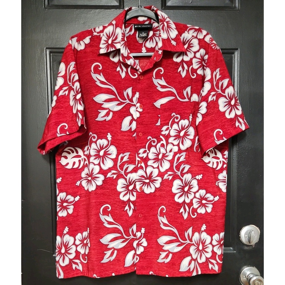 Oxide Hawaiian Shirt Men's Medium Short Sleeve Red Hibiscus 63925 Polyester